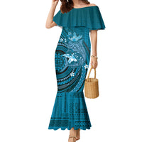 Samoa Tatau Marlin Family Matching Mermaid Dress and Hawaiian Shirt With Siapo Motifs Teal LT05 Mom's Dress Teal - Polynesian Pride