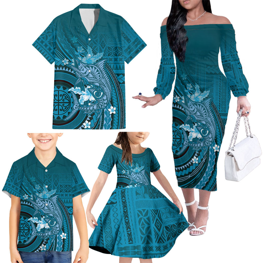 Samoa Tatau Marlin Family Matching Off The Shoulder Long Sleeve Dress and Hawaiian Shirt With Siapo Motifs Teal LT05 - Polynesian Pride