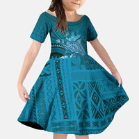 Samoa Tatau Marlin Family Matching Off Shoulder Maxi Dress and Hawaiian Shirt With Siapo Motifs Teal