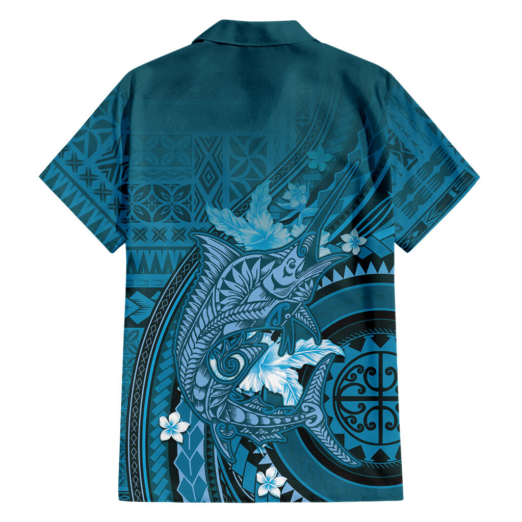 Samoa Tatau Marlin Family Matching Off Shoulder Maxi Dress and Hawaiian Shirt With Siapo Motifs Teal