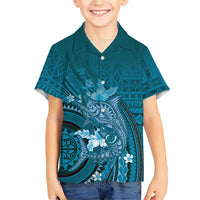 Samoa Tatau Marlin Family Matching Off Shoulder Maxi Dress and Hawaiian Shirt With Siapo Motifs Teal