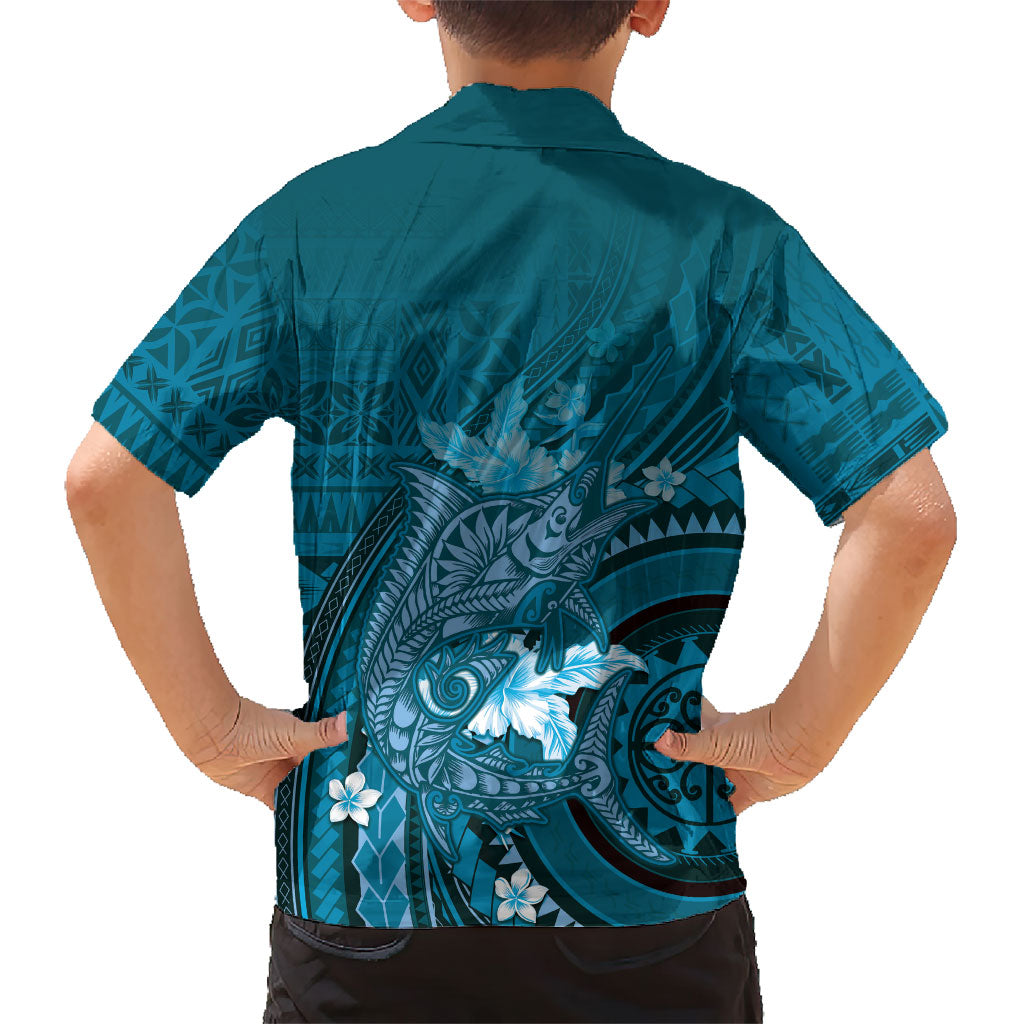 Samoa Tatau Marlin Family Matching Off Shoulder Short Dress and Hawaiian Shirt With Siapo Motifs Teal LT05 - Polynesian Pride