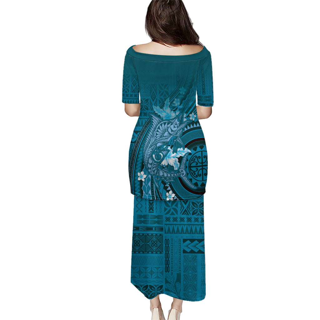 Samoa Tatau Marlin Family Matching Puletasi and Hawaiian Shirt With Siapo Motifs Teal