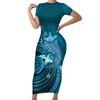 Samoa Tatau Marlin Family Matching Short Sleeve Bodycon Dress and Hawaiian Shirt With Siapo Motifs Teal LT05 Mom's Dress Teal - Polynesian Pride