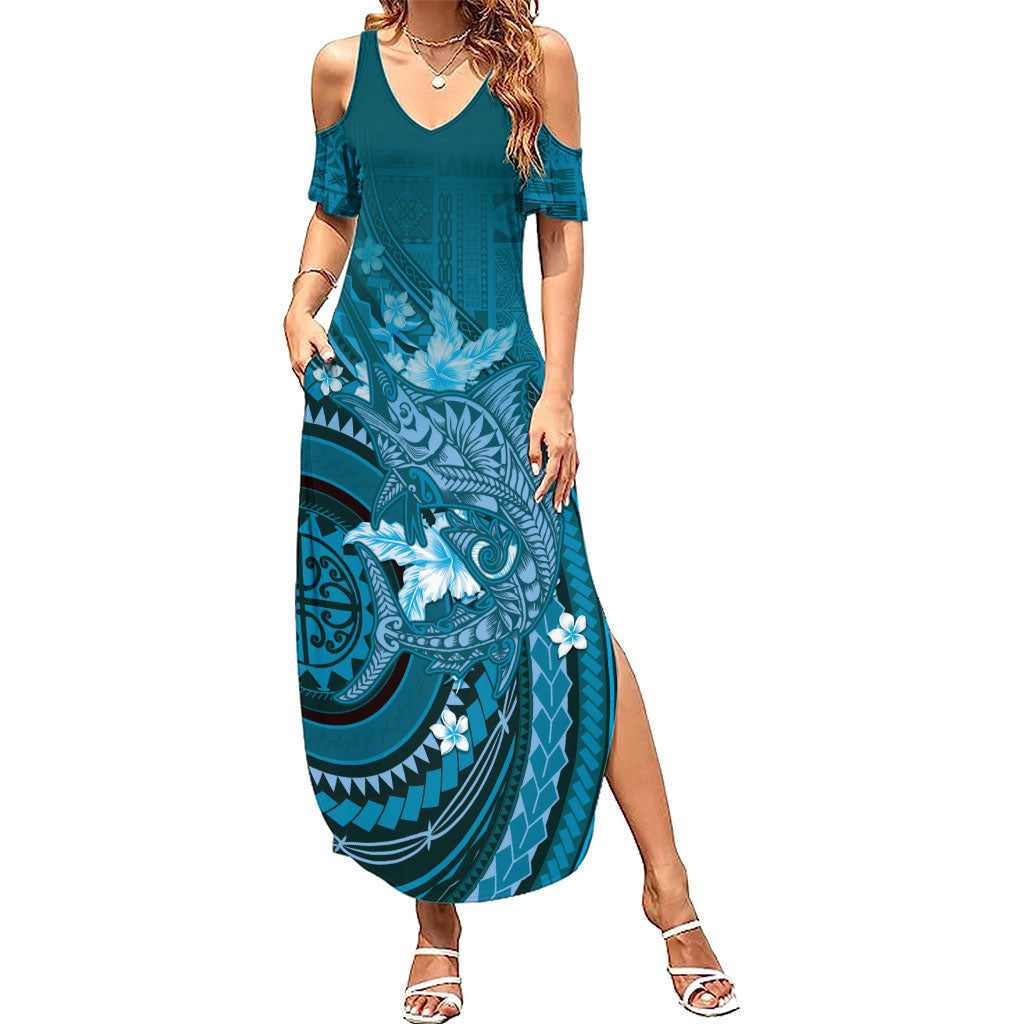 Samoa Tatau Marlin Family Matching Summer Maxi Dress and Hawaiian Shirt With Siapo Motifs Teal