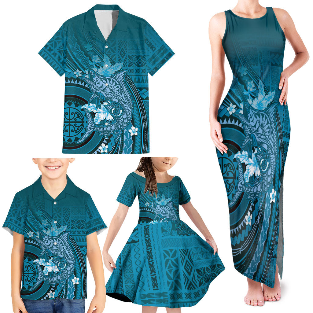 Samoa Tatau Marlin Family Matching Tank Maxi Dress and Hawaiian Shirt With Siapo Motifs Teal LT05 - Polynesian Pride