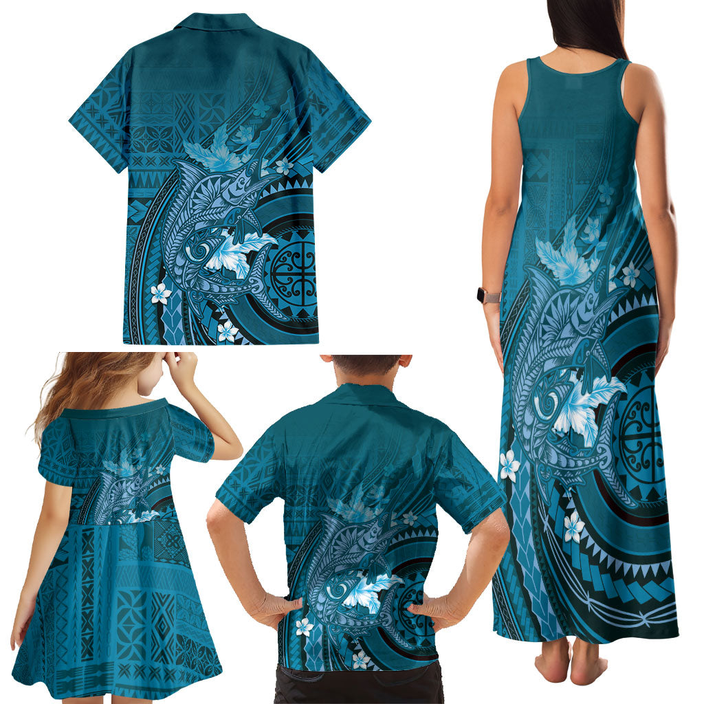 Samoa Tatau Marlin Family Matching Tank Maxi Dress and Hawaiian Shirt With Siapo Motifs Teal LT05 - Polynesian Pride