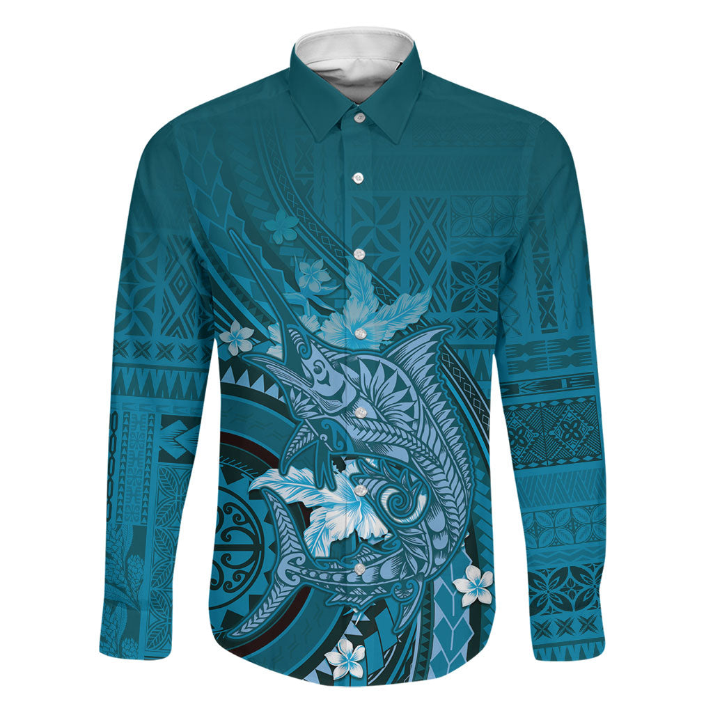 Samoa Tatau Marlin Family Matching Tank Maxi Dress and Hawaiian Shirt With Siapo Motifs Teal LT05 Dad's Shirt - Long Sleeve Teal - Polynesian Pride