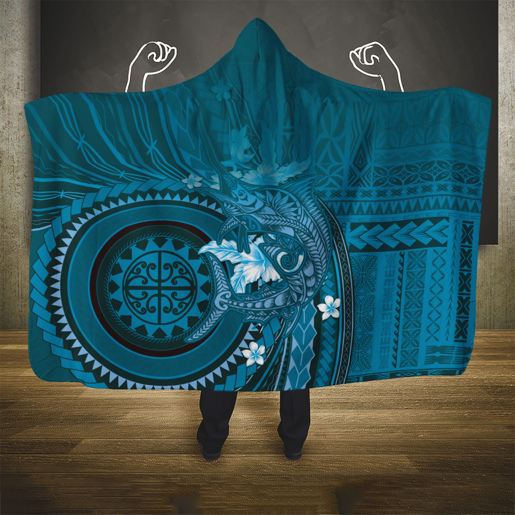 Samoa Tatau Marlin Hooded Blanket With Siapo Motifs Teal