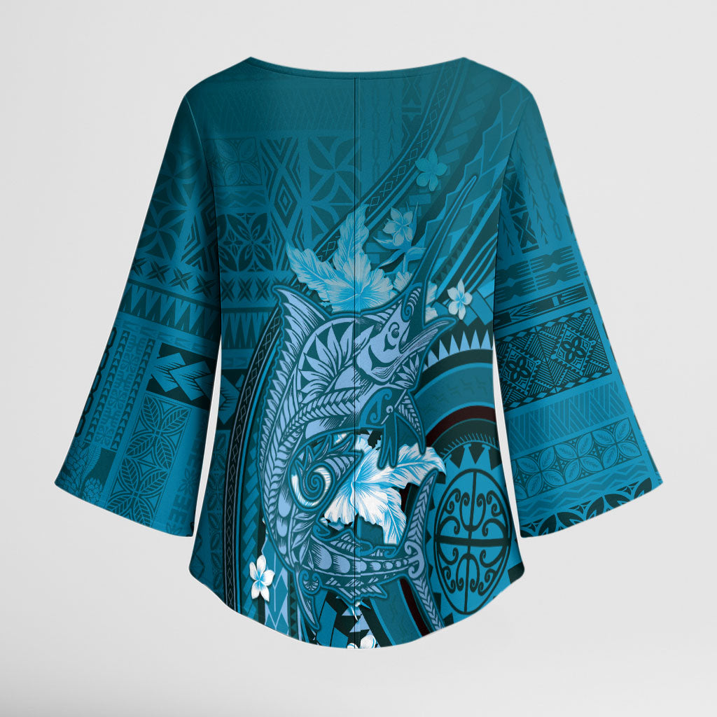 Samoa Tatau Marlin Kimono Sleeve Blouse With Siapo Motifs Teal