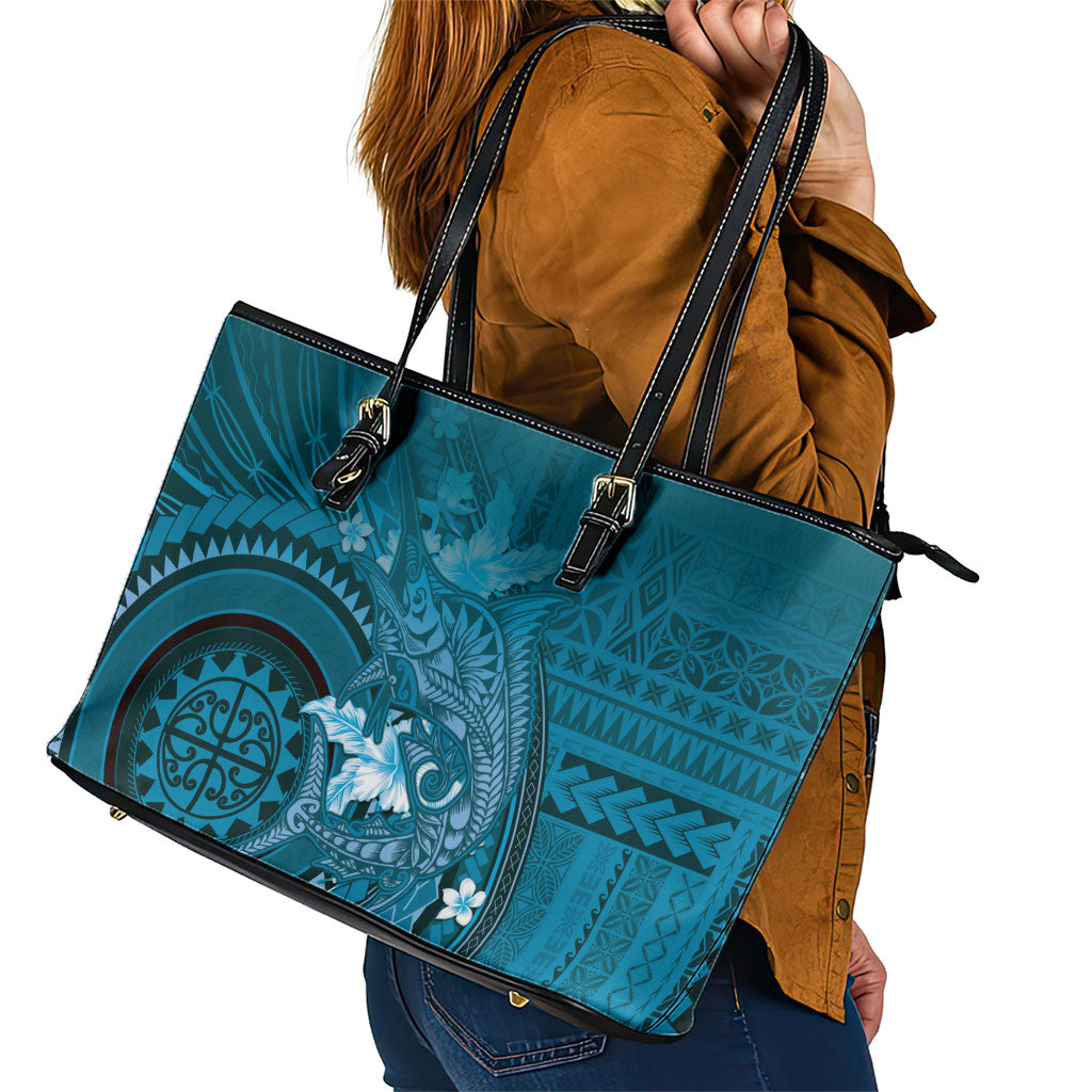 Samoa Tatau Marlin Leather Tote Bag With Siapo Motifs Teal
