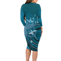 Samoa Tatau Marlin Long Sleeve Bodycon Dress With Siapo Motifs Teal