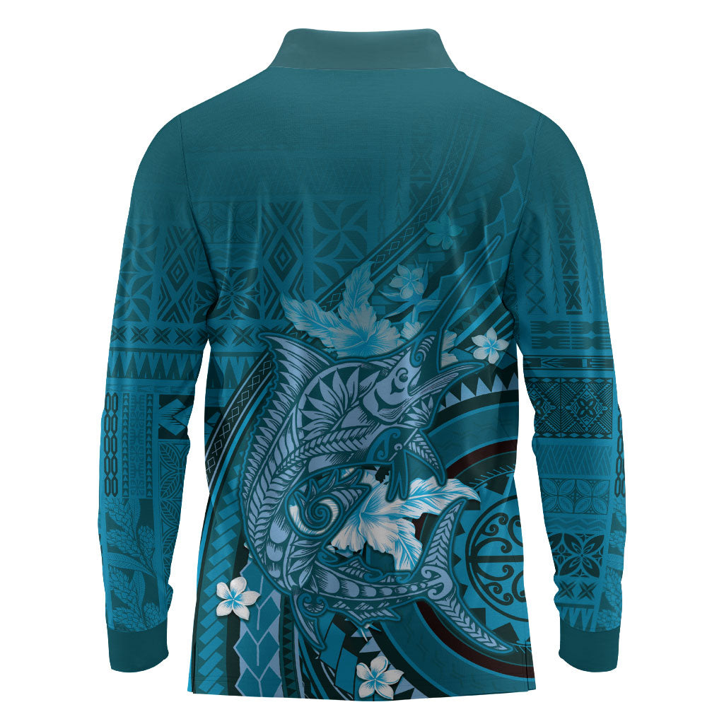 Samoa Tatau Marlin Long Sleeve Polo Shirt With Siapo Motifs Teal