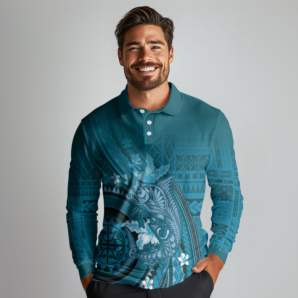 Samoa Tatau Marlin Long Sleeve Polo Shirt With Siapo Motifs Teal