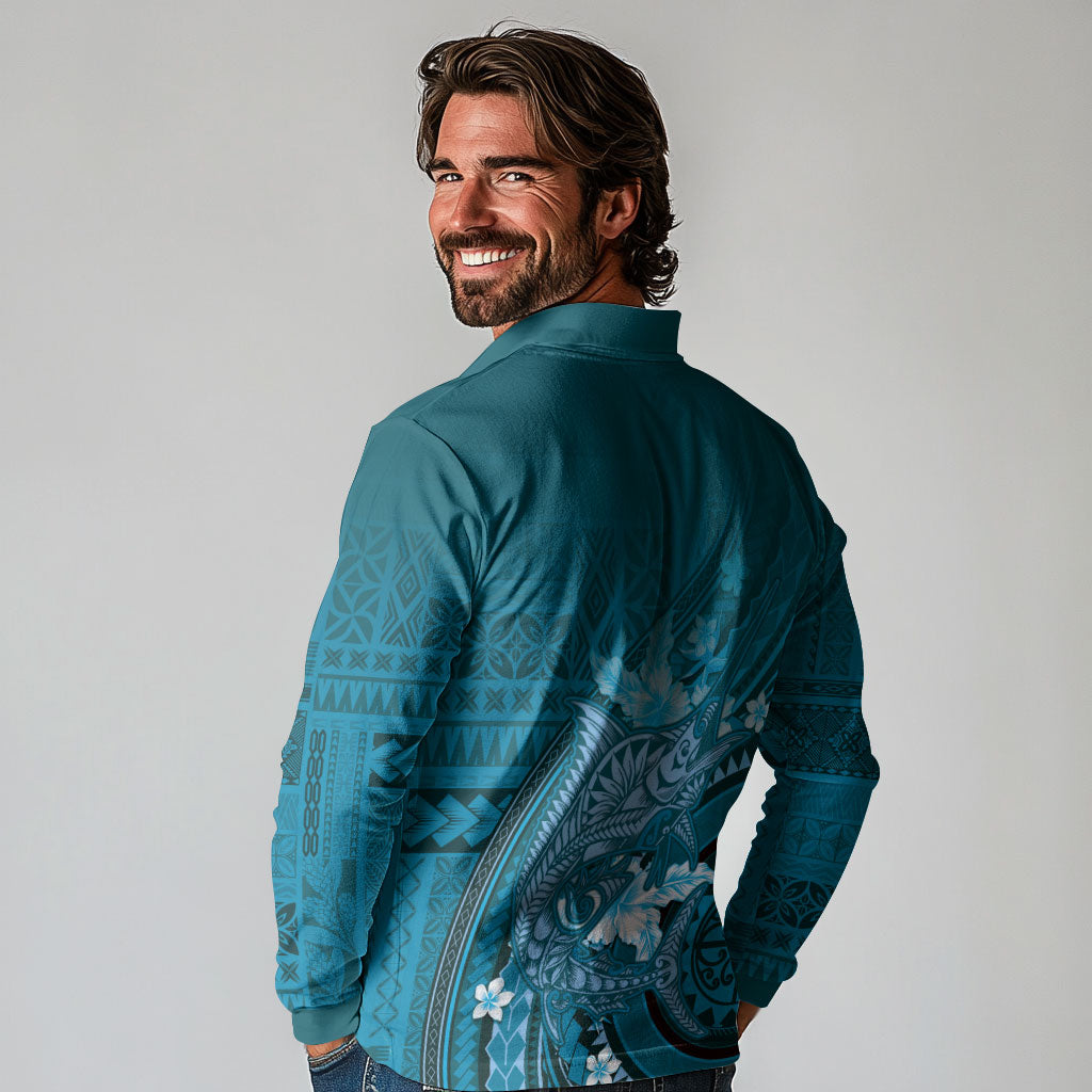 Samoa Tatau Marlin Long Sleeve Polo Shirt With Siapo Motifs Teal