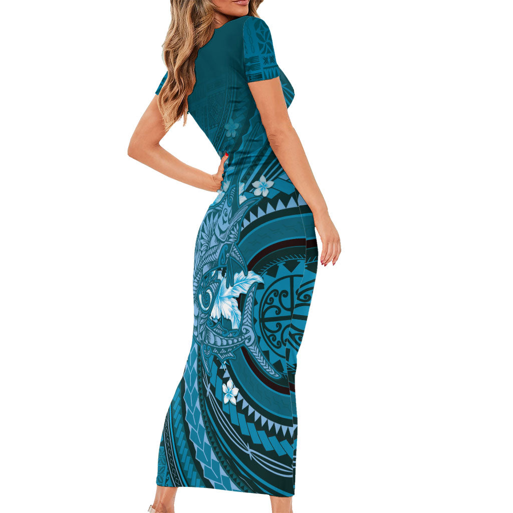Samoa Tatau Marlin Short Sleeve Bodycon Dress With Siapo Motifs Teal