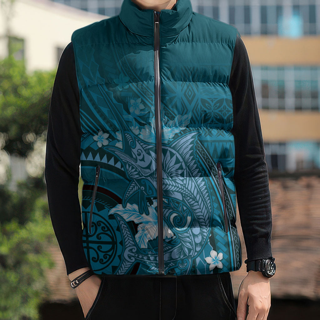 Samoa Tatau Marlin Sleeveless Puffer Jacket With Siapo Motifs Teal