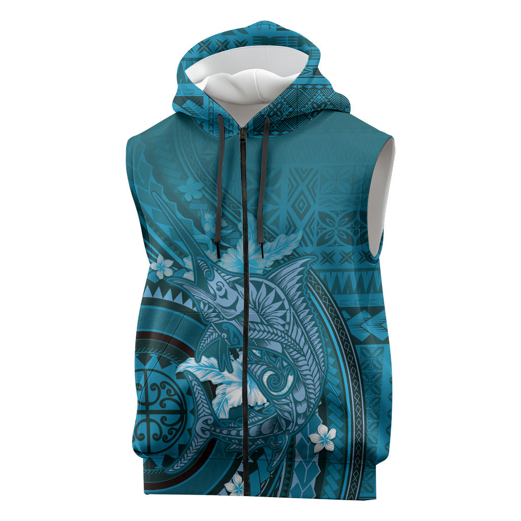 Samoa Tatau Marlin Sleeveless Zip Hoodie With Siapo Motifs Teal