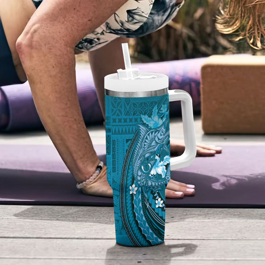 Samoa Tatau Marlin Tumbler With Handle With Siapo Motifs Teal
