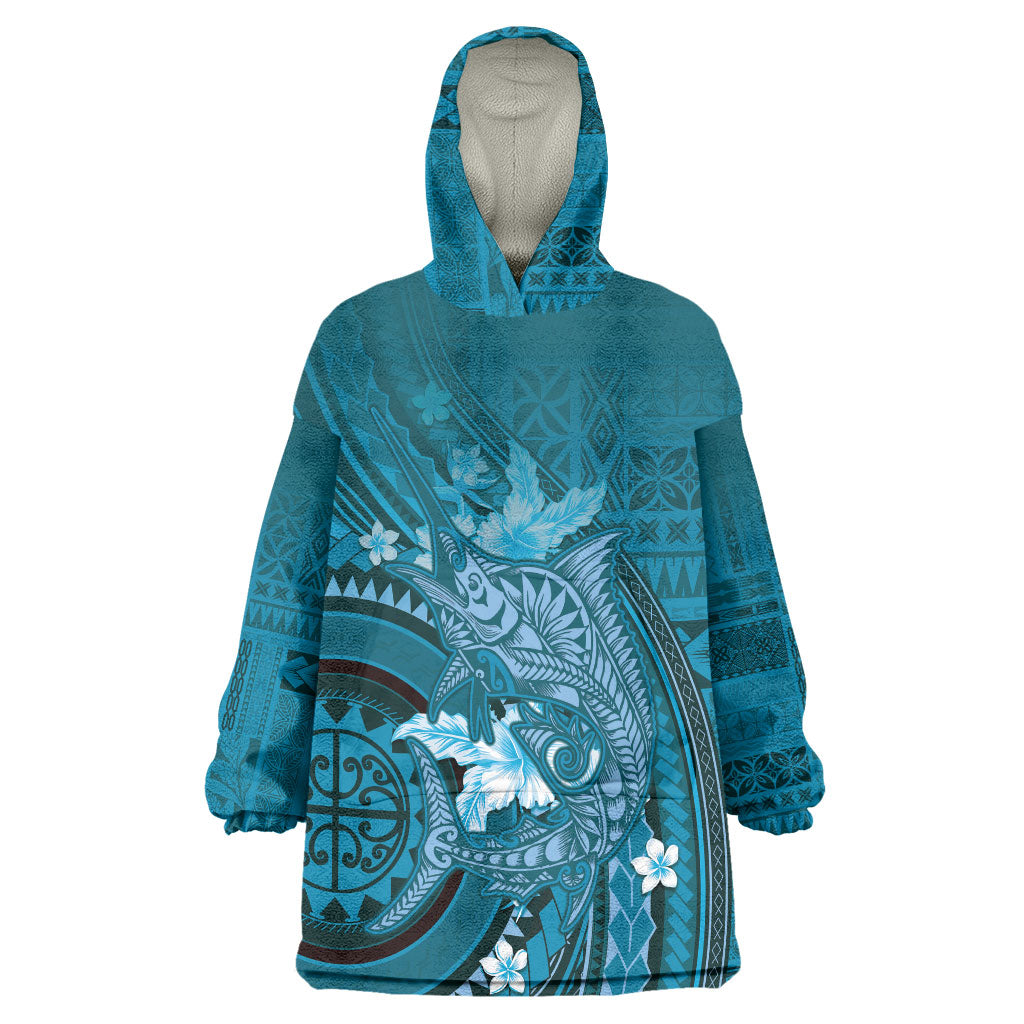 Samoa Tatau Marlin Wearable Blanket Hoodie With Siapo Motifs Teal