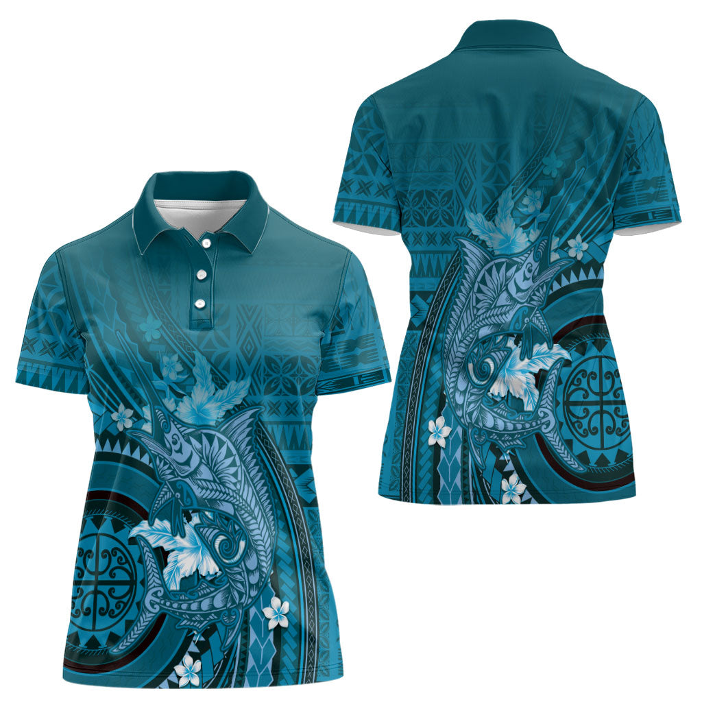 Samoa Tatau Marlin Women Polo Shirt With Siapo Motifs Teal