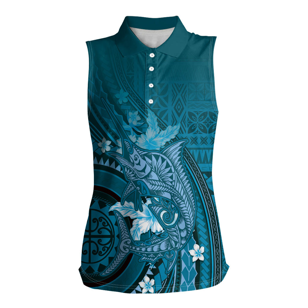 Samoa Tatau Marlin Women Sleeveless Polo Shirt With Siapo Motifs Teal