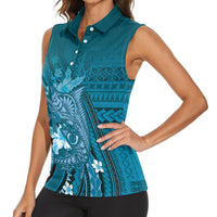 Samoa Tatau Marlin Women Sleeveless Polo Shirt With Siapo Motifs Teal