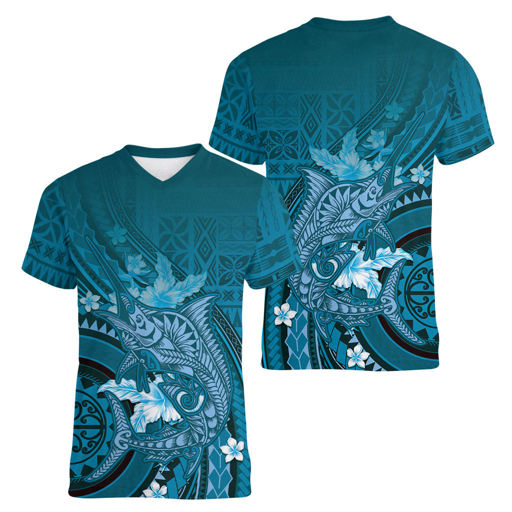 Samoa Tatau Marlin Women V-Neck T-Shirt With Siapo Motifs Teal