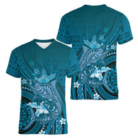 Samoa Tatau Marlin Women V-Neck T-Shirt With Siapo Motifs Teal