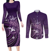 Samoa Tatau Marlin Couples Matching Long Sleeve Bodycon Dress and Long Sleeve Button Shirt With Siapo Motifs Violet
