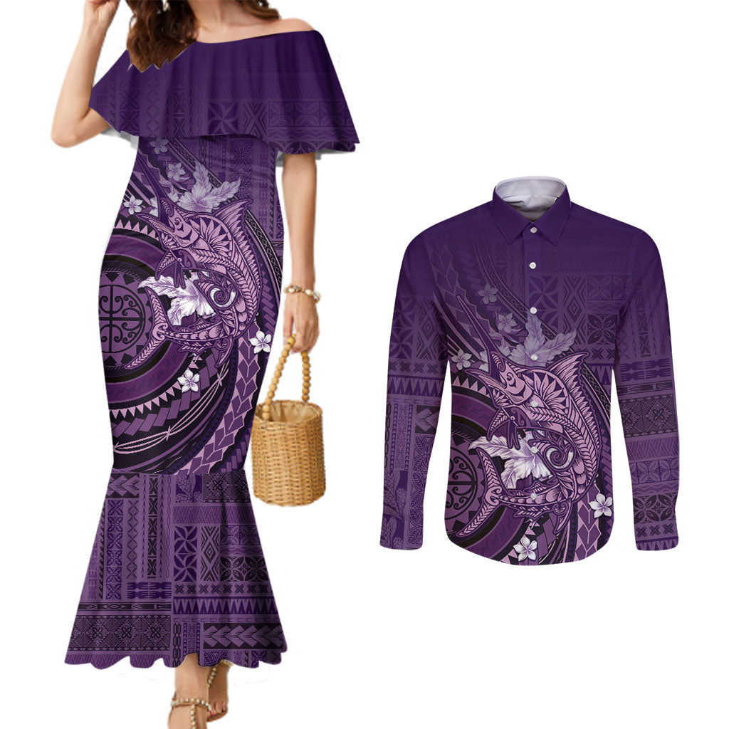 Samoa Tatau Marlin Couples Matching Mermaid Dress and Long Sleeve Button Shirt With Siapo Motifs Violet