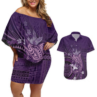 Samoa Tatau Marlin Couples Matching Off Shoulder Short Dress and Hawaiian Shirt With Siapo Motifs Violet