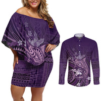 Samoa Tatau Marlin Couples Matching Off Shoulder Short Dress and Long Sleeve Button Shirt With Siapo Motifs Violet