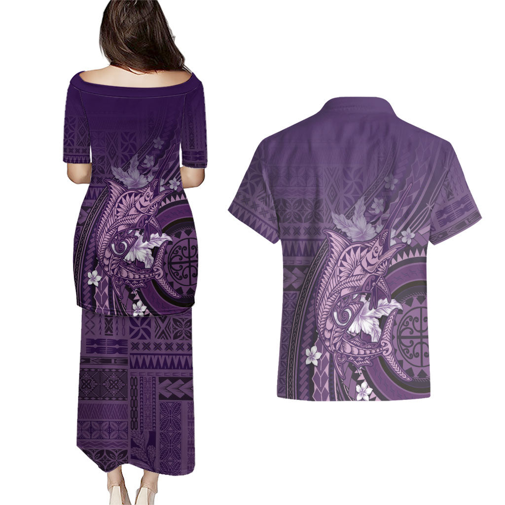 Samoa Tatau Marlin Couples Matching Puletasi and Hawaiian Shirt With Siapo Motifs Violet