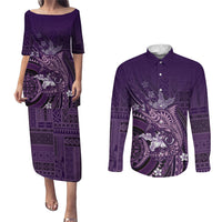 Samoa Tatau Marlin Couples Matching Puletasi and Long Sleeve Button Shirt With Siapo Motifs Violet