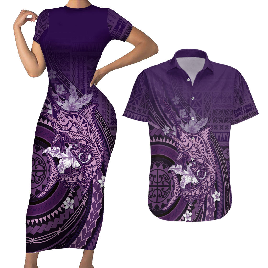 Samoa Tatau Marlin Couples Matching Short Sleeve Bodycon Dress and Hawaiian Shirt With Siapo Motifs Violet