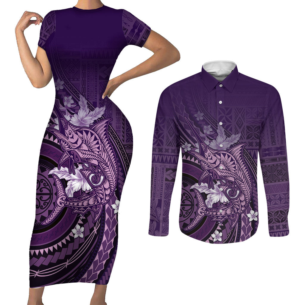 Samoa Tatau Marlin Couples Matching Short Sleeve Bodycon Dress and Long Sleeve Button Shirt With Siapo Motifs Violet