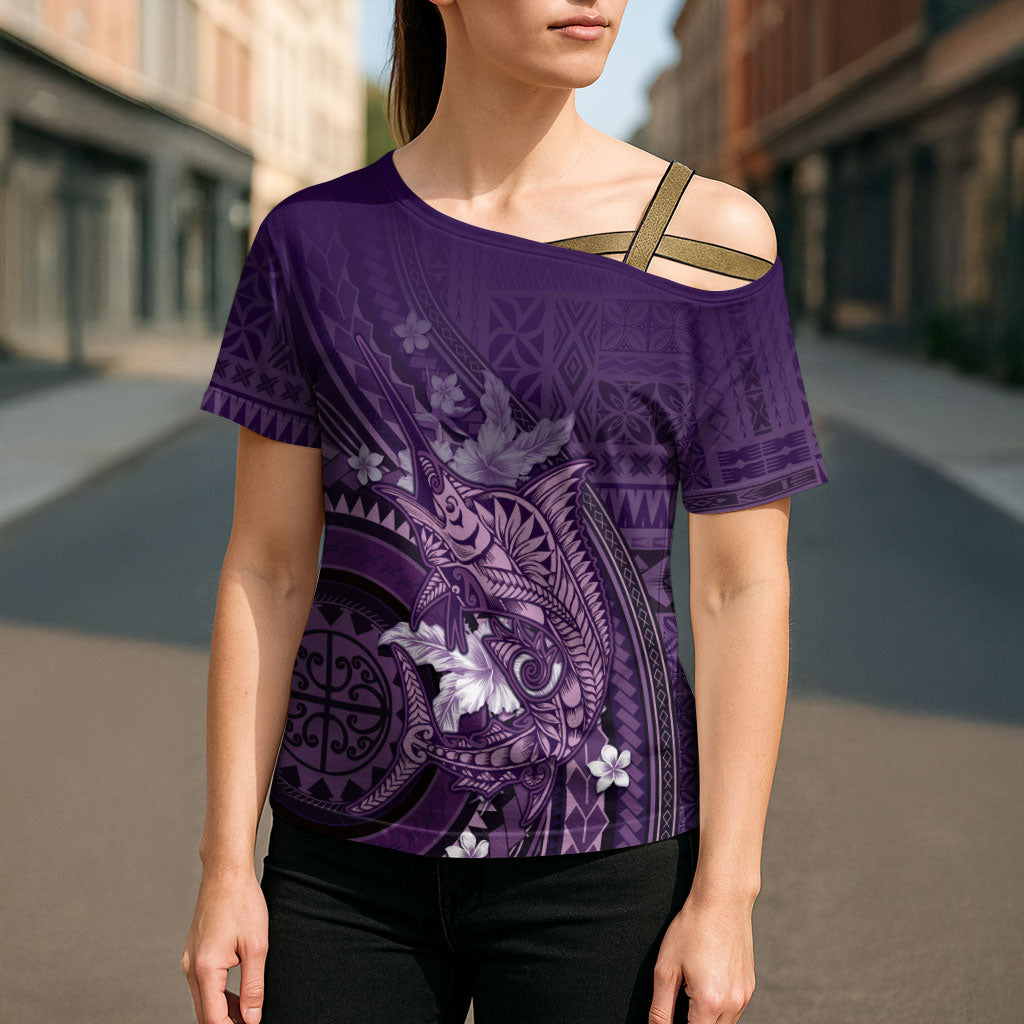 Samoa Tatau Marlin Cross Shoulder Shirt With Siapo Motifs Violet