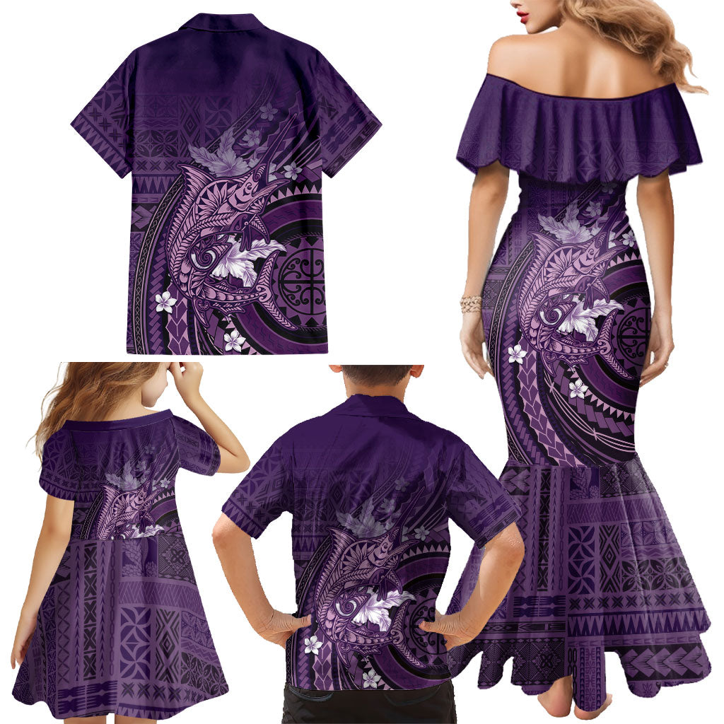 Samoa Tatau Marlin Family Matching Mermaid Dress and Hawaiian Shirt With Siapo Motifs Violet LT05 - Polynesian Pride