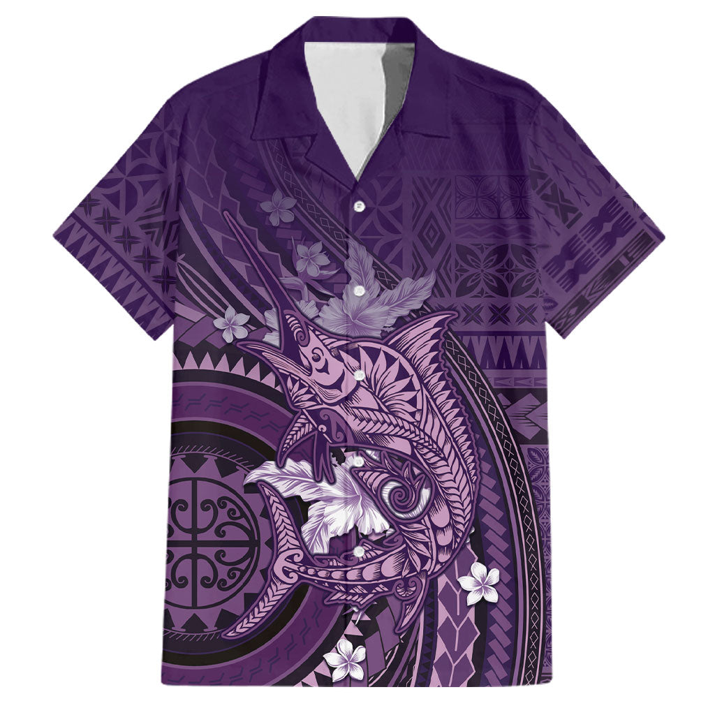 Samoa Tatau Marlin Family Matching Mermaid Dress and Hawaiian Shirt With Siapo Motifs Violet LT05 Dad's Shirt - Short Sleeve Violet - Polynesian Pride