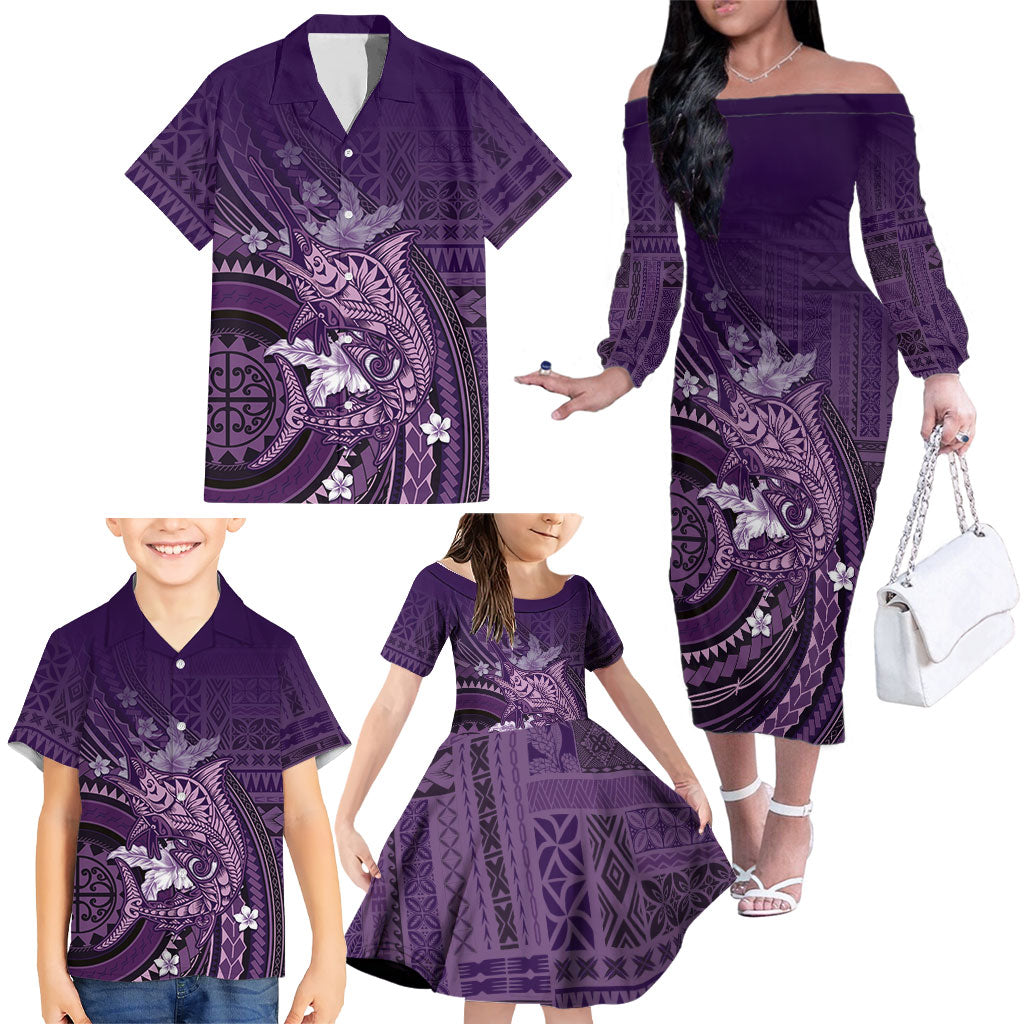 Samoa Tatau Marlin Family Matching Off The Shoulder Long Sleeve Dress and Hawaiian Shirt With Siapo Motifs Violet LT05 - Polynesian Pride