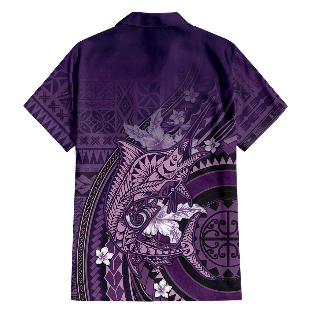 Samoa Tatau Marlin Family Matching Off The Shoulder Long Sleeve Dress and Hawaiian Shirt With Siapo Motifs Violet LT05 - Polynesian Pride