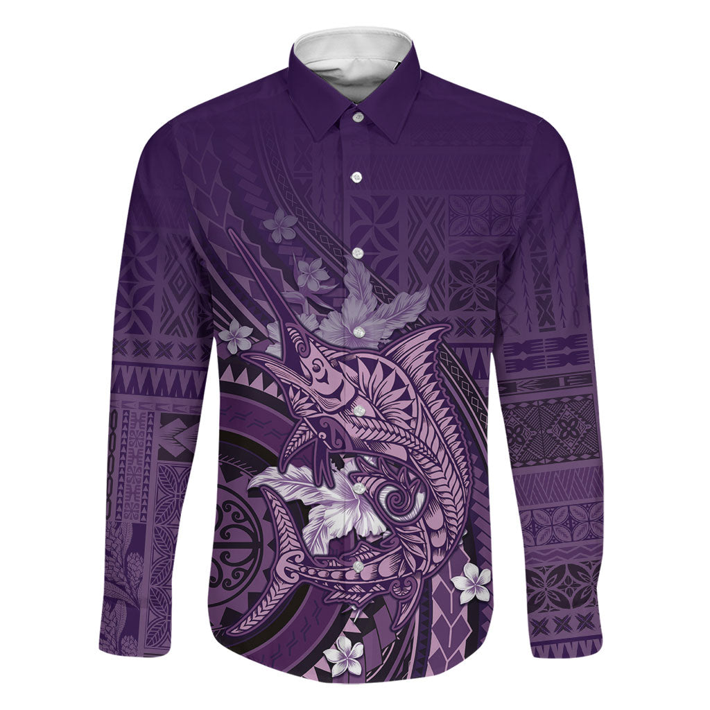 Samoa Tatau Marlin Family Matching Off The Shoulder Long Sleeve Dress and Hawaiian Shirt With Siapo Motifs Violet LT05 Dad's Shirt - Long Sleeve Violet - Polynesian Pride