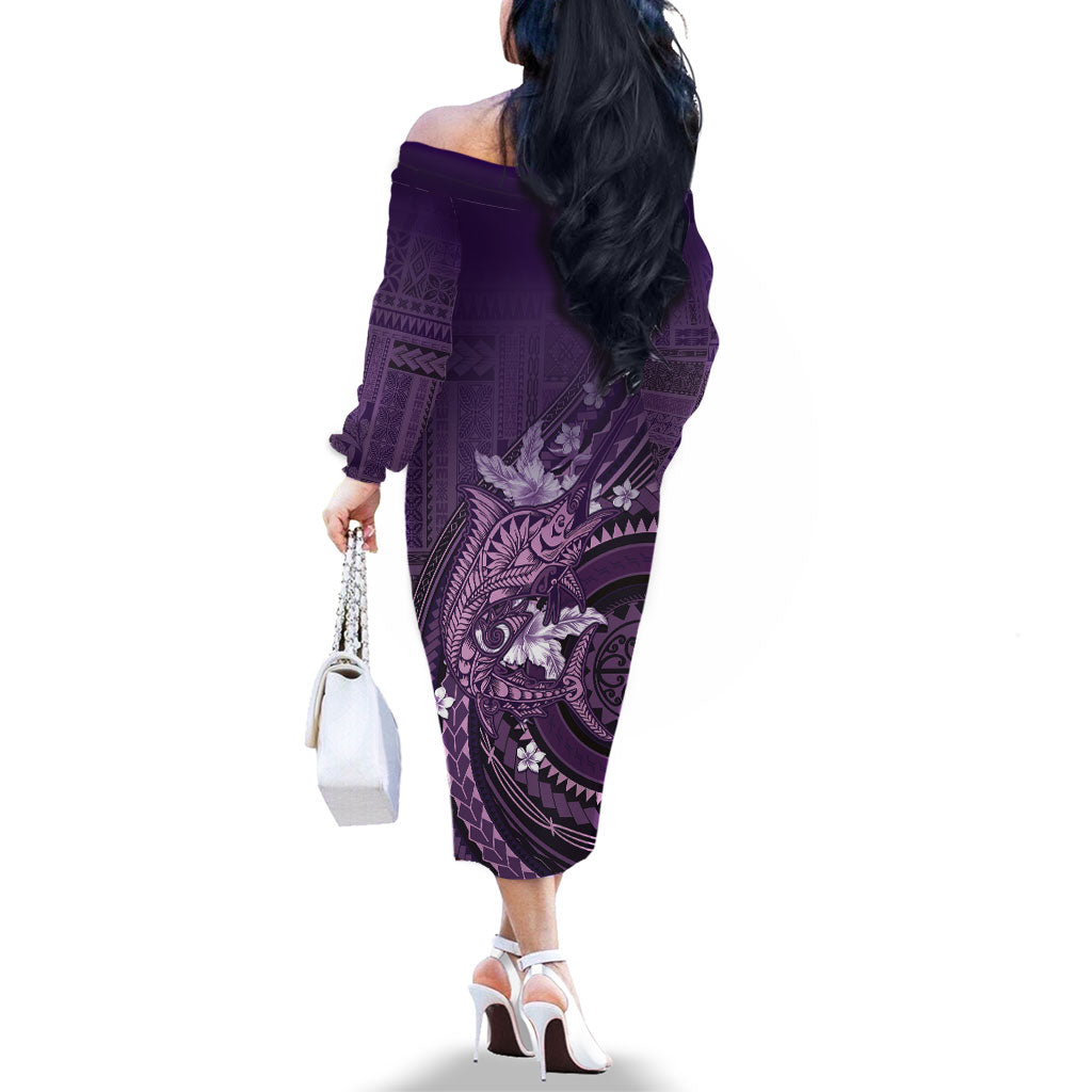 Samoa Tatau Marlin Family Matching Off The Shoulder Long Sleeve Dress and Hawaiian Shirt With Siapo Motifs Violet LT05 - Polynesian Pride