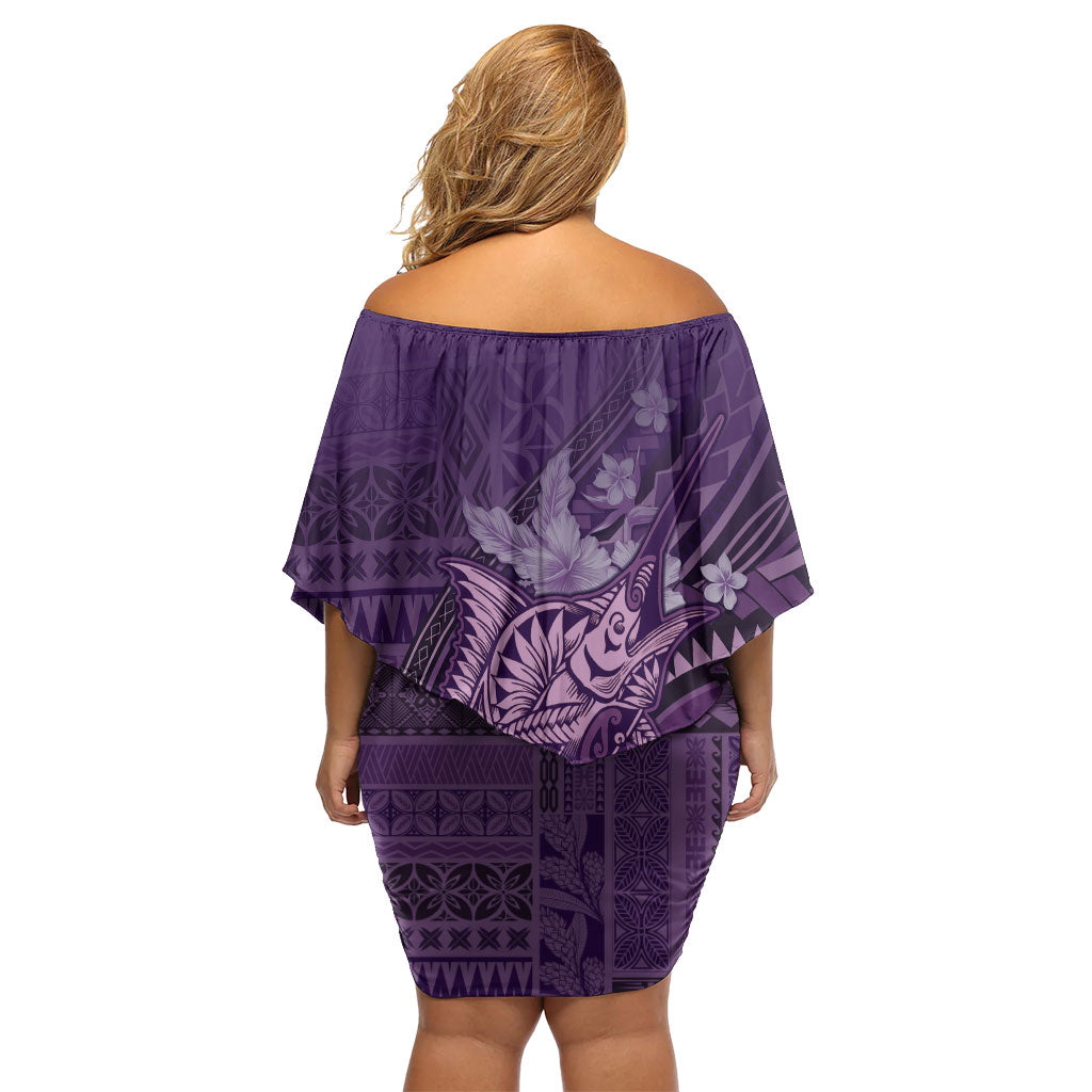 Samoa Tatau Marlin Family Matching Off Shoulder Short Dress and Hawaiian Shirt With Siapo Motifs Violet