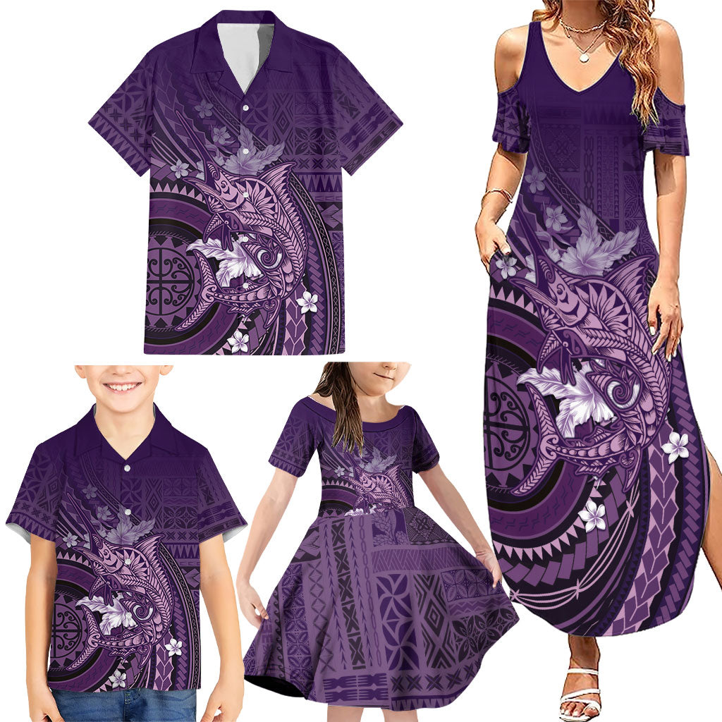 Samoa Tatau Marlin Family Matching Summer Maxi Dress and Hawaiian Shirt With Siapo Motifs Violet