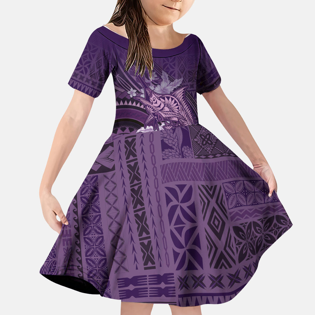 Samoa Tatau Marlin Family Matching Tank Maxi Dress and Hawaiian Shirt With Siapo Motifs Violet LT05 Daughter's Dress Violet - Polynesian Pride