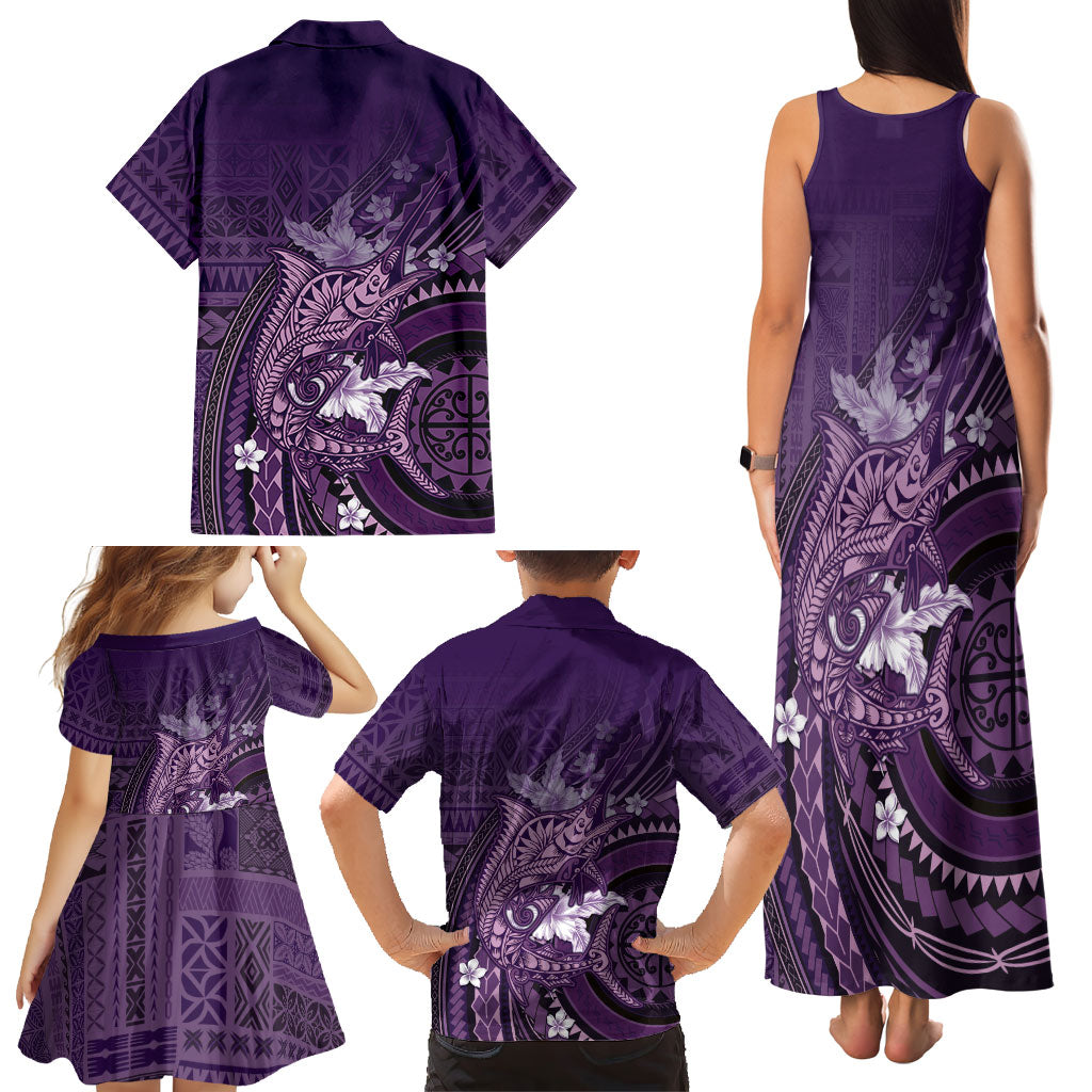 Samoa Tatau Marlin Family Matching Tank Maxi Dress and Hawaiian Shirt With Siapo Motifs Violet LT05 - Polynesian Pride