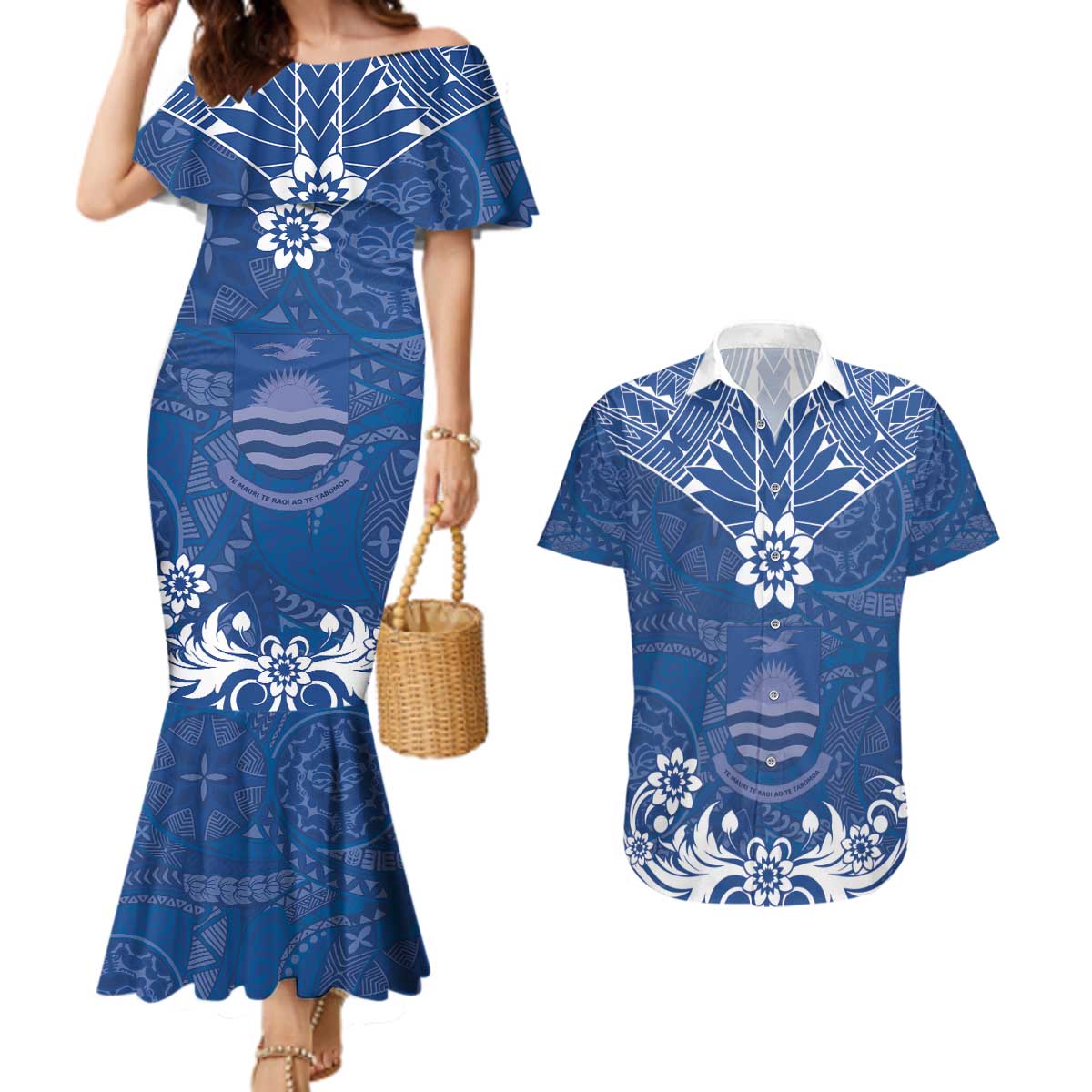 Wikin te Taetae ni Kiribati Couples Matching Mermaid Dress and Hawaiian Shirt Pacific Tapa Pattern LT05 Blue - Polynesian Pride