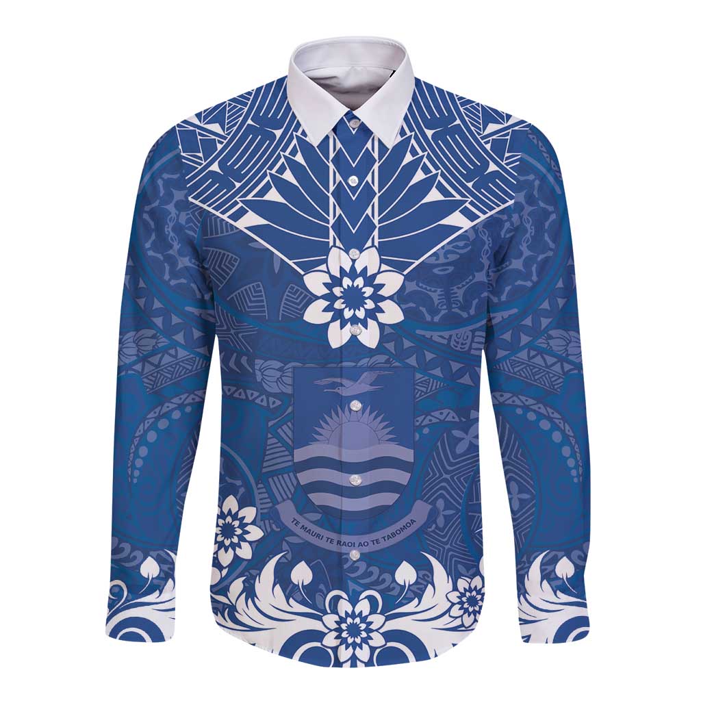 Wikin te Taetae ni Kiribati Long Sleeve Button Shirt Pacific Tapa Pattern LT05 Unisex Blue - Polynesian Pride